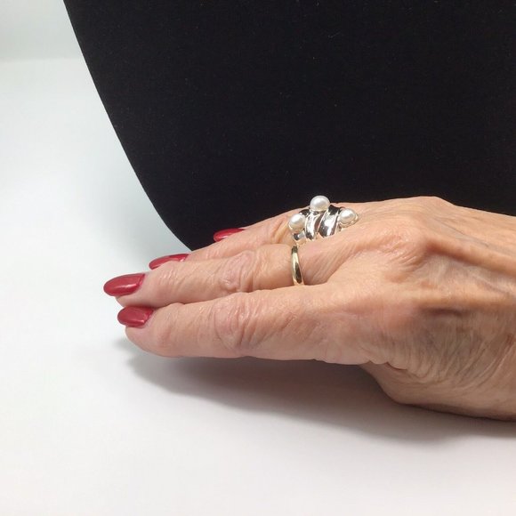 Sterling Silver White Pearl Ring Israel Designer Signed HG 7.2g Size 6 - Picture 10 of 11